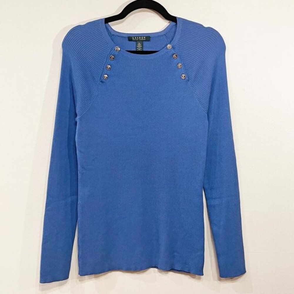 New LRL Silk Blend Ribbed Button Shoulder Sweater Cornflower Blue XL $129